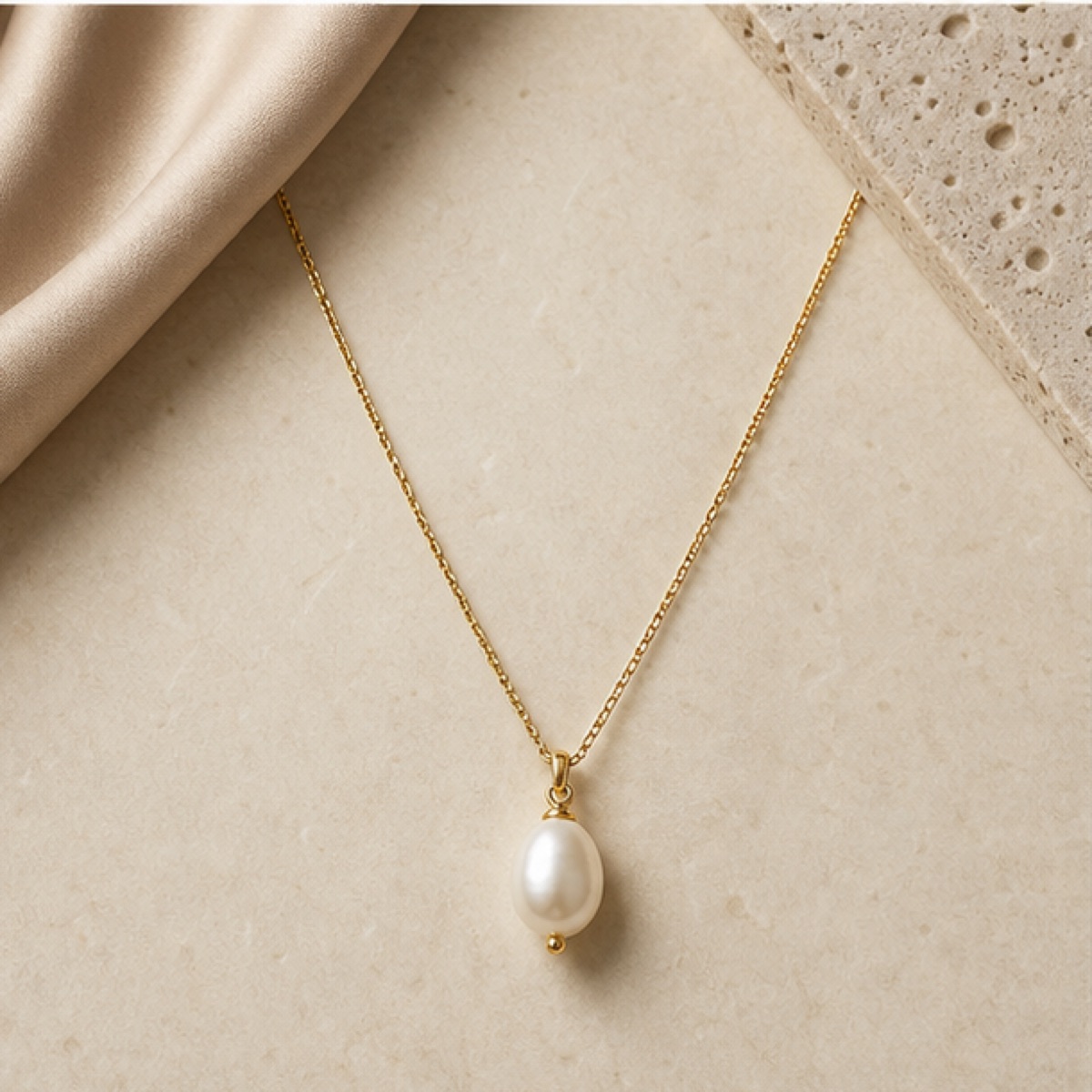 Pearl Drop Necklace styled on warm stone
